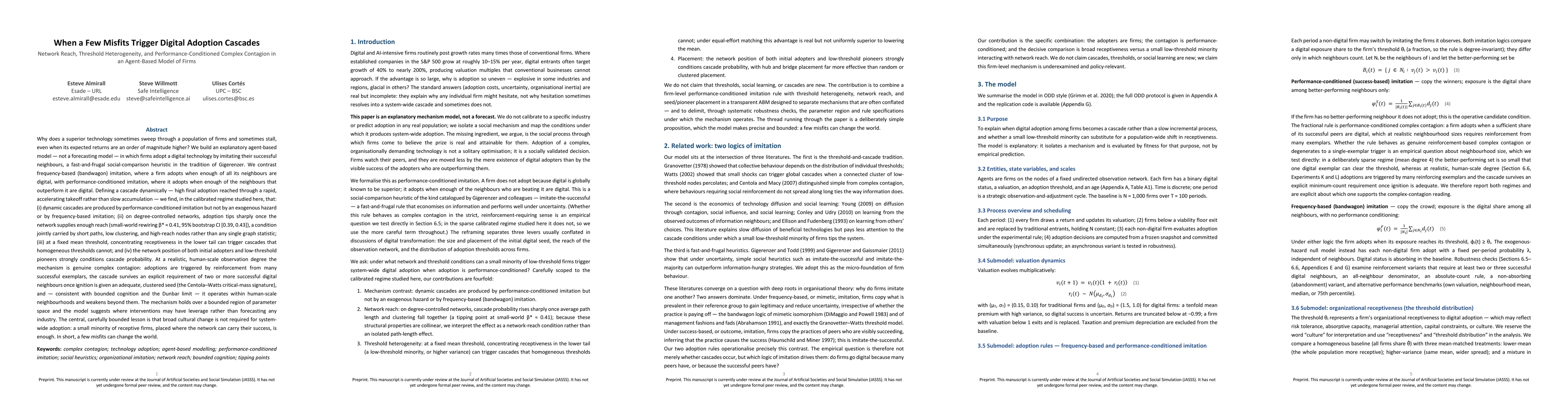Thumbnail for When a Few Misfits Trigger Digital Adoption Cascades: Network Reach, Threshold Heterogeneity, and Performance-Conditioned Complex Contagion in an Agent-Based Model of Firms