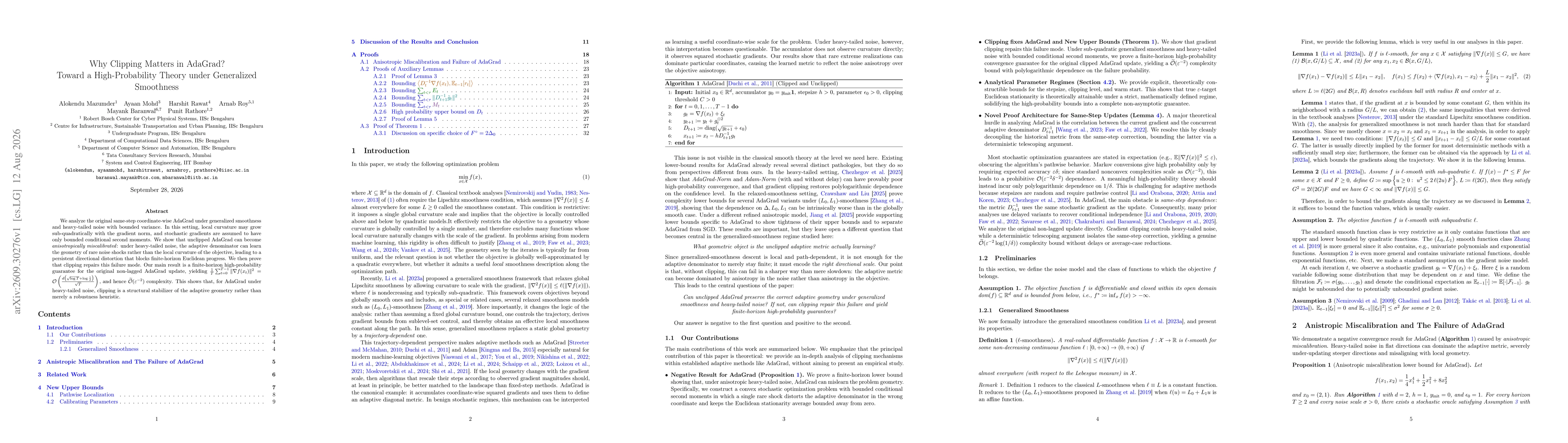 Thumbnail for Why Clipping Matters in AdaGrad? Toward a High-Probability Theory under Generalized Smoothness