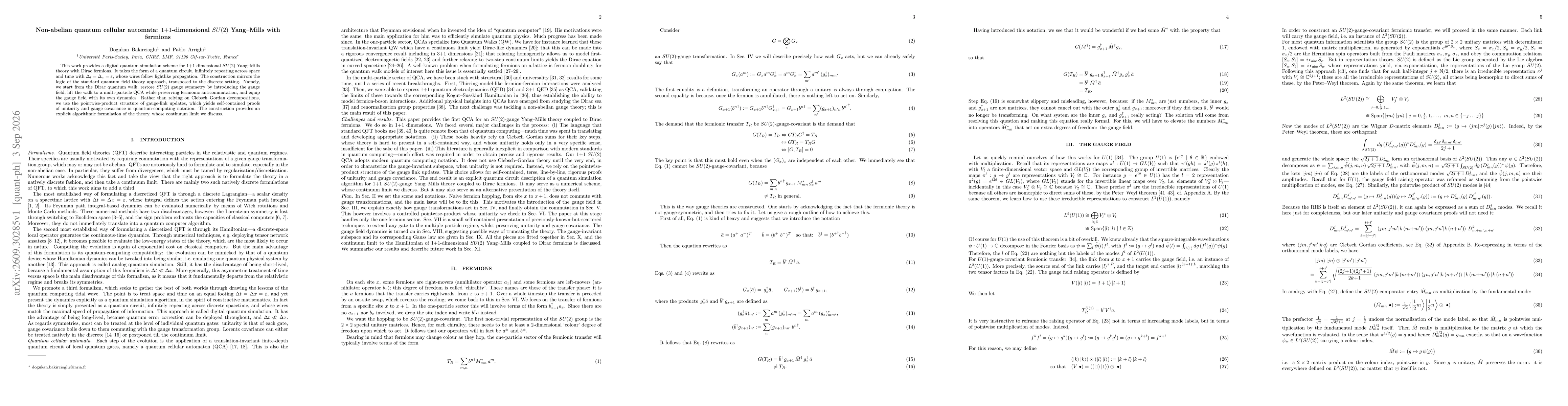 Thumbnail for Non-abelian quantum cellular automata: $1{+}1$-dimensional $SU(2)$ Yang--Mills with fermions