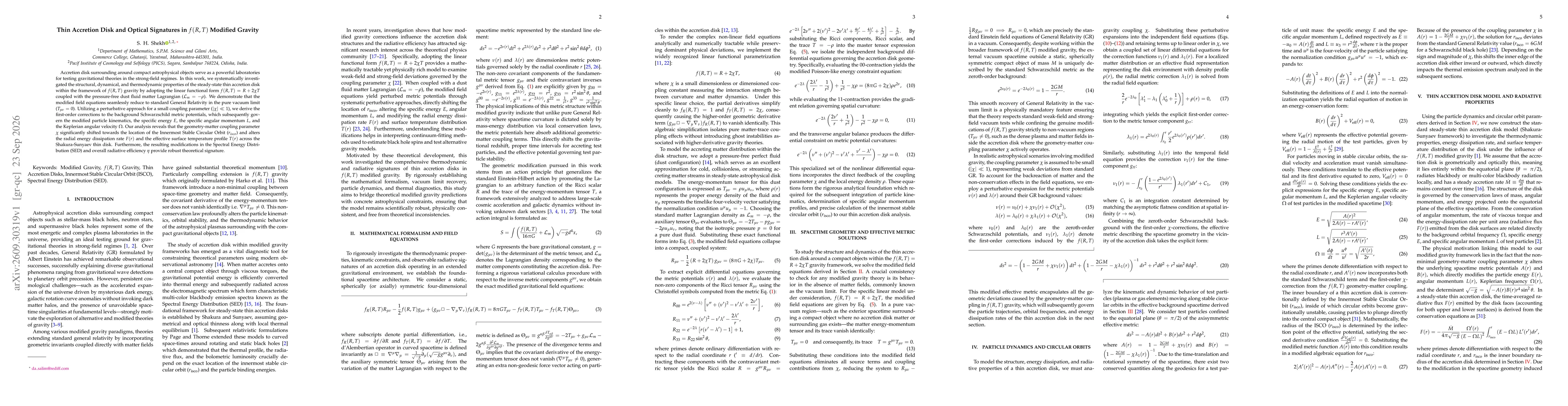 Thumbnail for Thin Accretion Disk and Optical Signatures in f(R,T) Modified Gravity