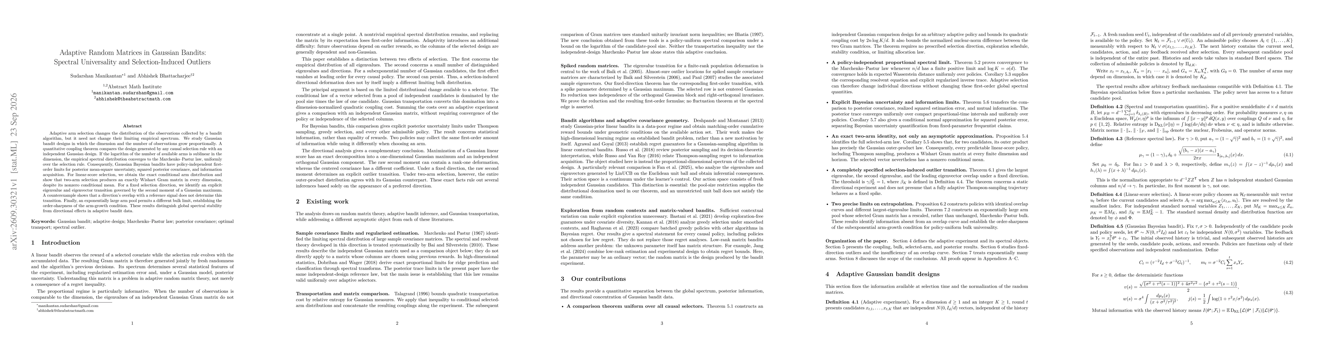Thumbnail for Adaptive Random Matrices in Gaussian Bandits: Spectral Universality and Selection-Induced Outliers