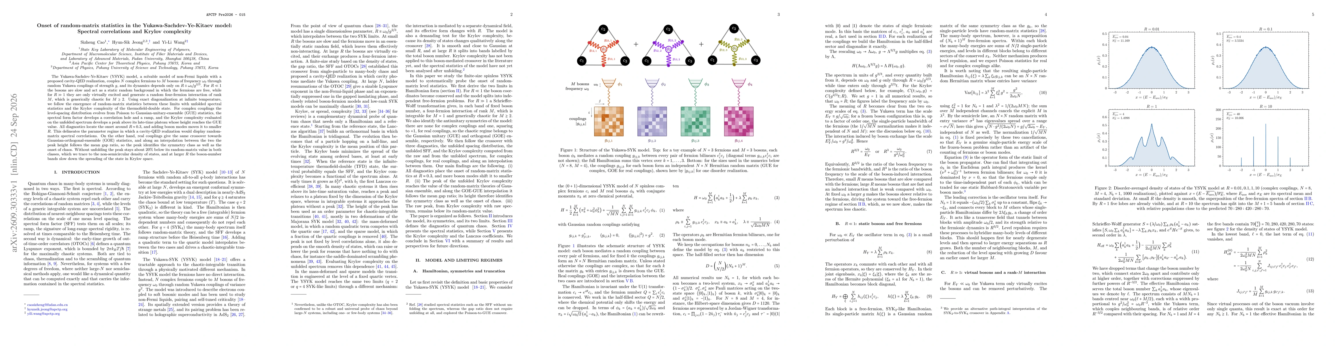 Thumbnail for Onset of random-matrix statistics in the Yukawa-Sachdev-Ye-Kitaev model: Spectral correlations and Krylov complexity