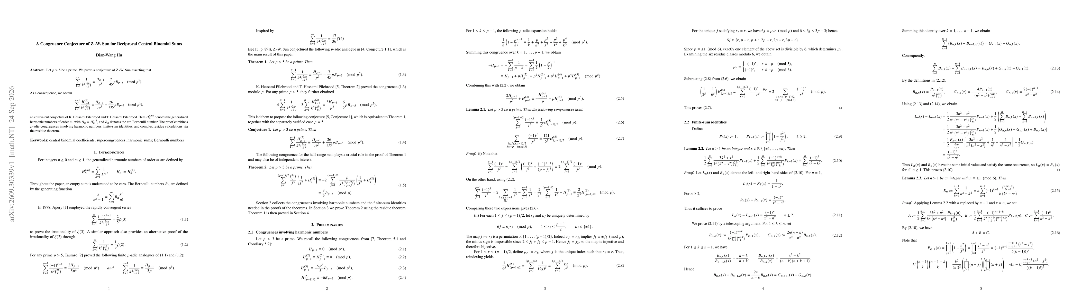 Thumbnail for A Congruence Conjecture of Z.-W. Sun for Reciprocal Central Binomial Sums