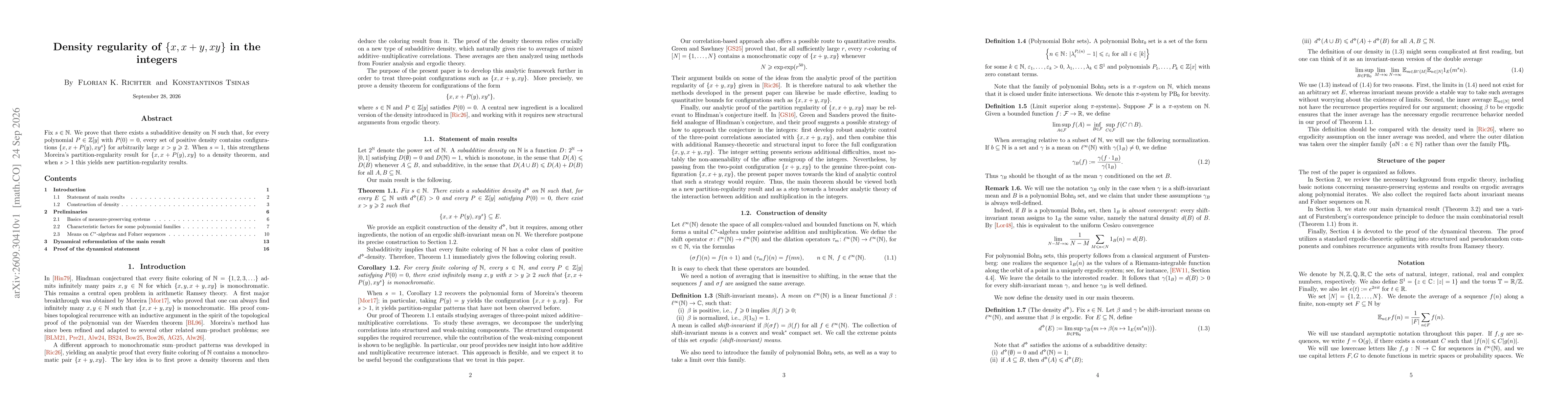 Thumbnail for Density regularity of $\{x,x+y,xy\}$ in the integers