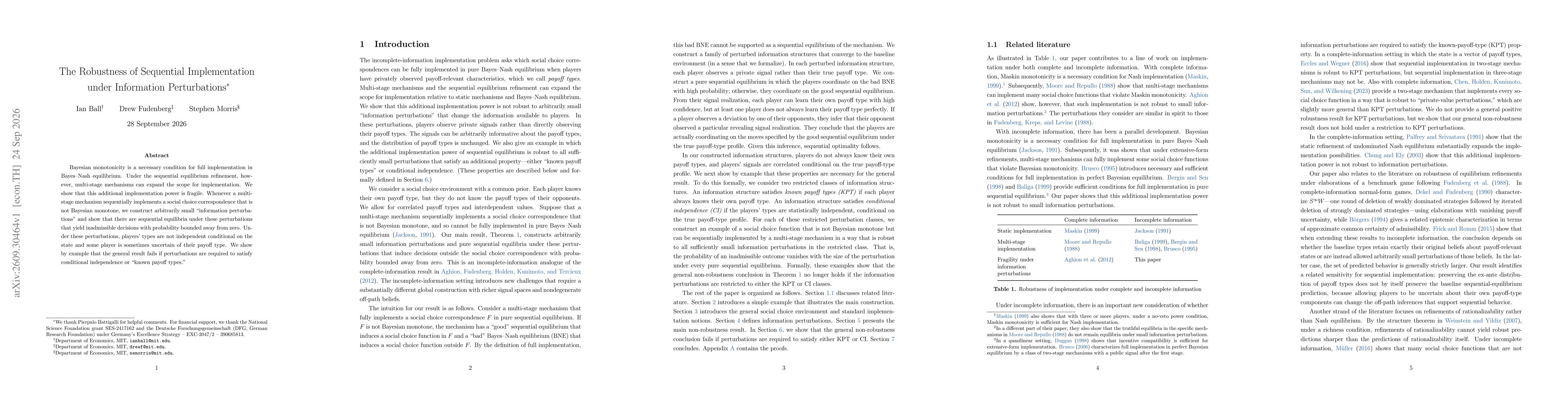 Thumbnail for The Robustness of Sequential Implementation under Information Perturbations