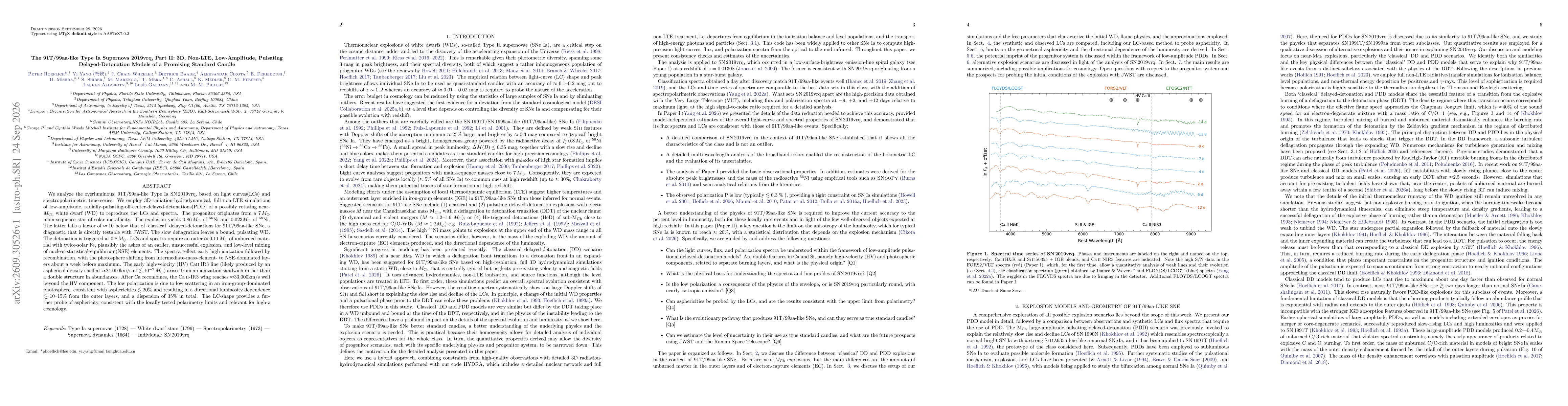 Thumbnail for The 91T/99aa-like Type Ia Supernova 2019vrq, Part II: 3D, Non-LTE, Low-Amplitude, Pulsating Delayed-Detonation Models of a Promising Standard Candle