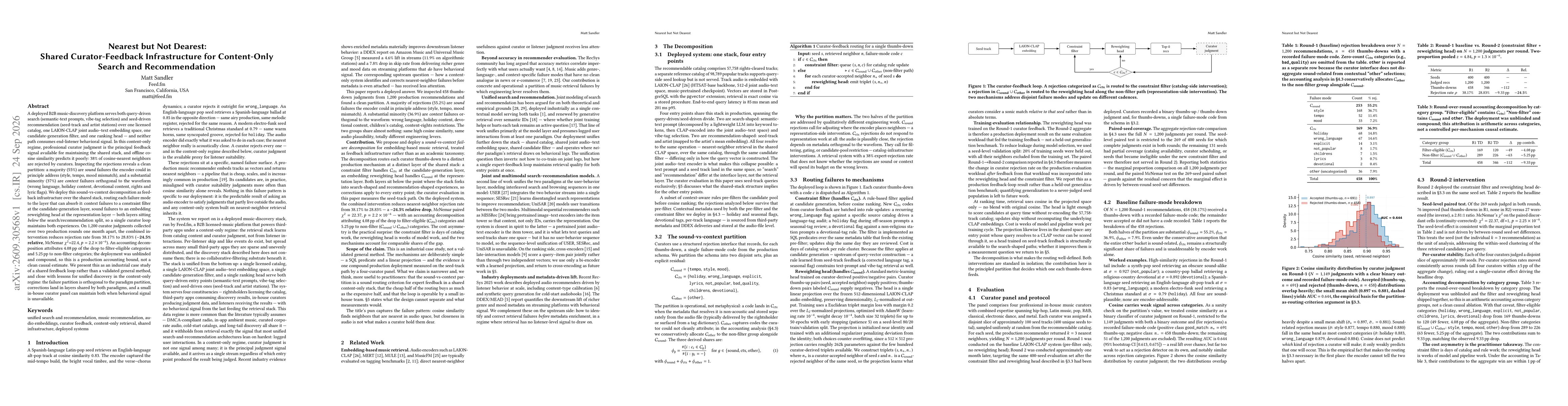 Thumbnail for Nearest but Not Dearest: Shared Curator-Feedback Infrastructure for Content-Only Search and Recommendation