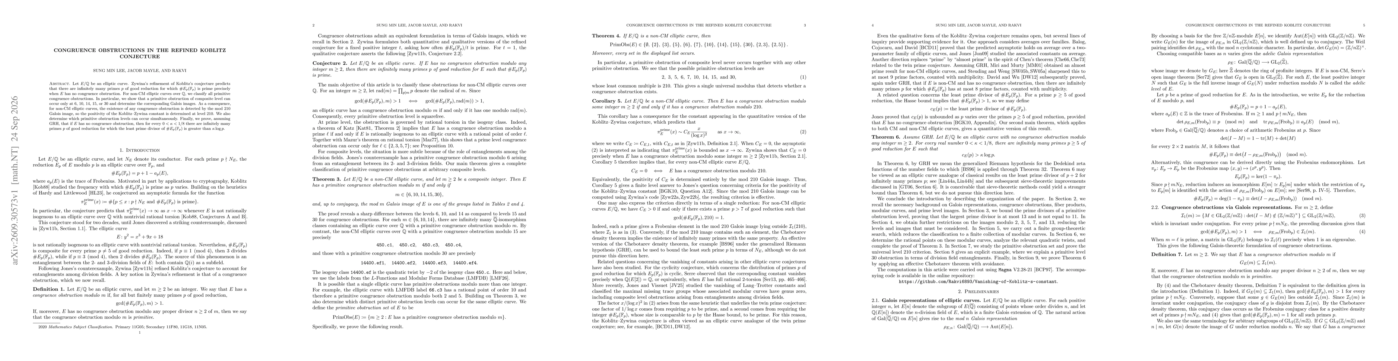 Thumbnail for Congruence obstructions in the refined Koblitz conjecture