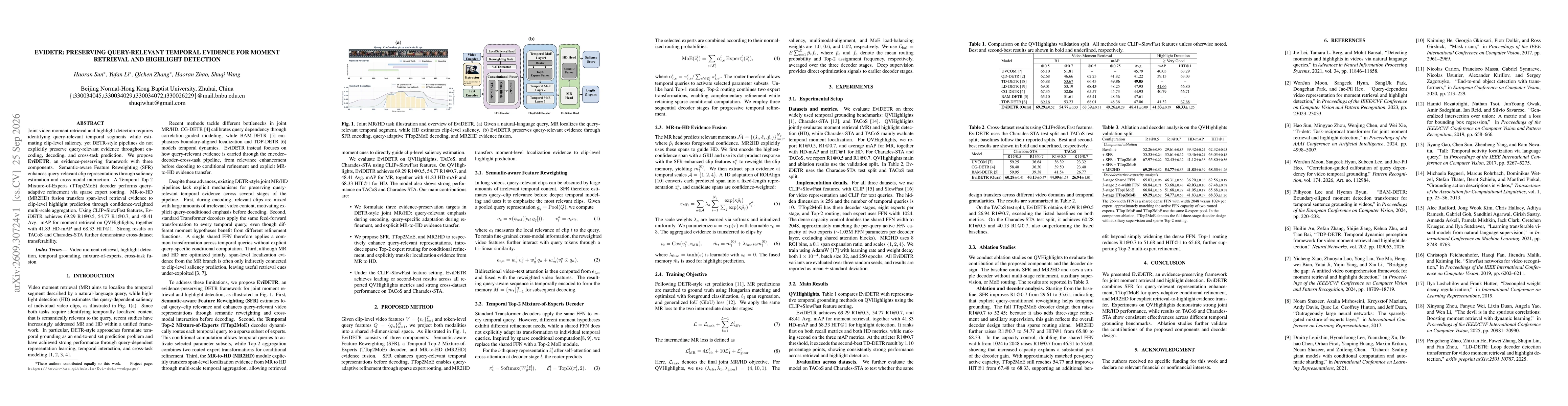 Thumbnail for EviDETR: Preserving Query-Relevant Temporal Evidence for Moment Retrieval and Highlight Detection