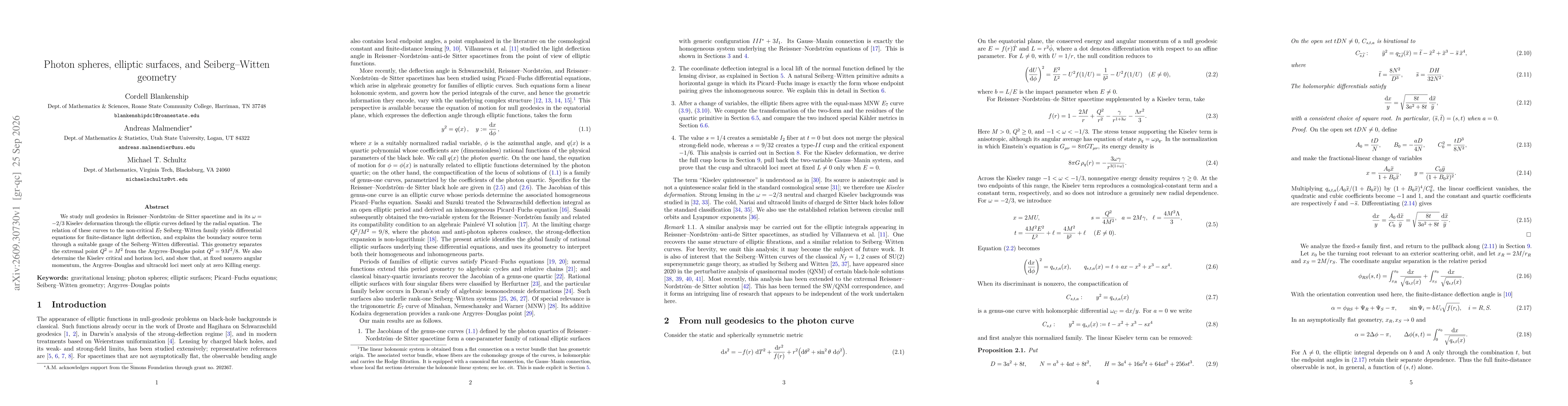 Thumbnail for Photon spheres, elliptic surfaces, and Seiberg-Witten geometry