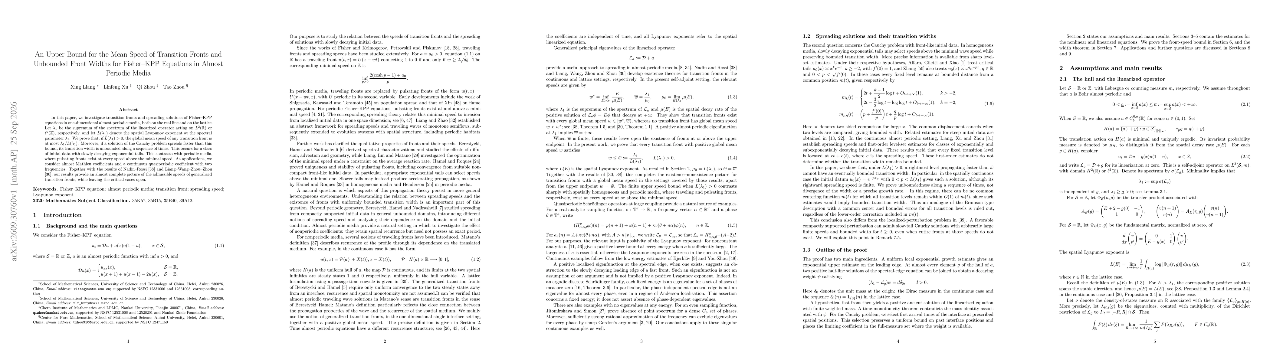 Thumbnail for An Upper Bound for the Mean Speed of Transition Fronts and Unbounded Front Widths for Fisher KPP Equations in Almost Periodic Media