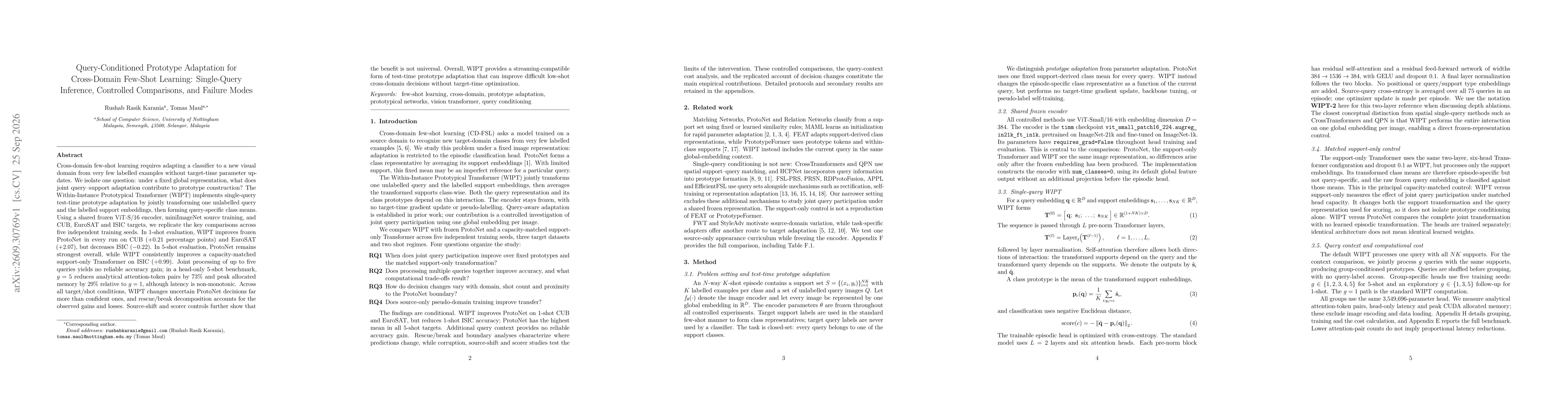 Thumbnail for Query-Conditioned Prototype Adaptation for Cross-Domain Few-Shot Learning: Single-Query Inference, Controlled Comparisons, and Failure Modes