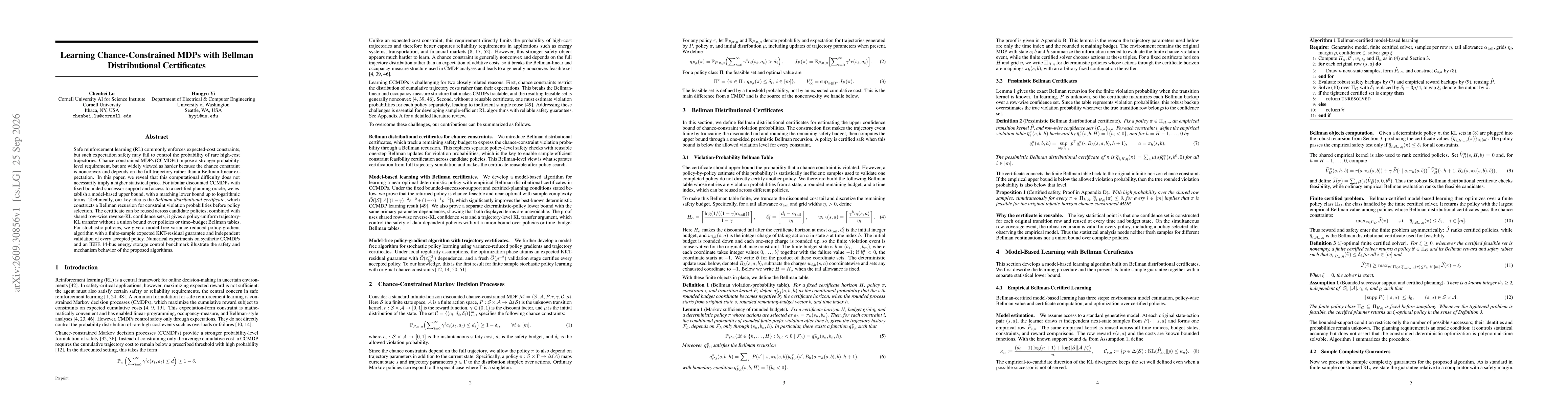 Thumbnail for Learning Chance-Constrained MDPs with Bellman Distributional Certificates