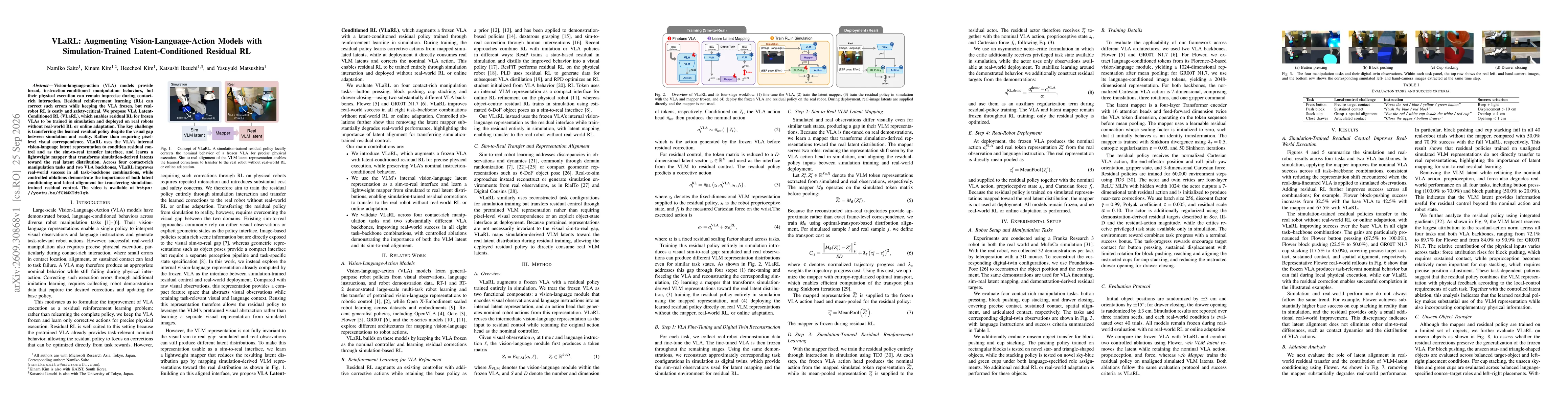 Thumbnail for VLaRL: Augmenting Vision-Language-Action Models with Simulation-Trained Latent-Conditioned Residual RL