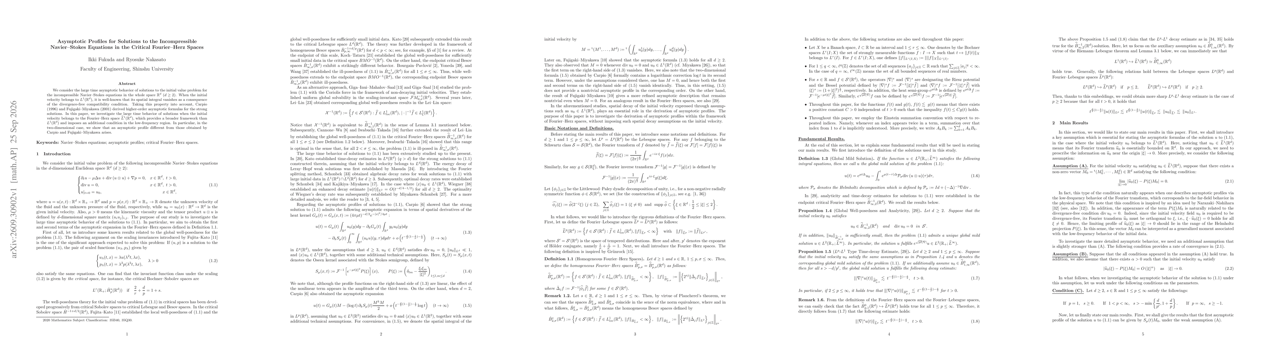 Thumbnail for Asymptotic profiles for solutions to the incompressible Navier-Stokes equations in the critical Fourier-Herz spaces