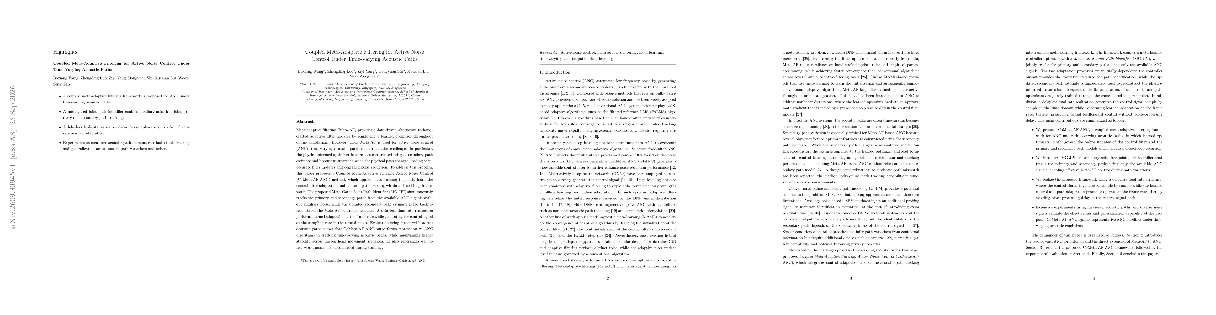 Thumbnail for Coupled Meta-Adaptive Filtering for Active Noise Control Under Time-Varying Acoustic Paths
