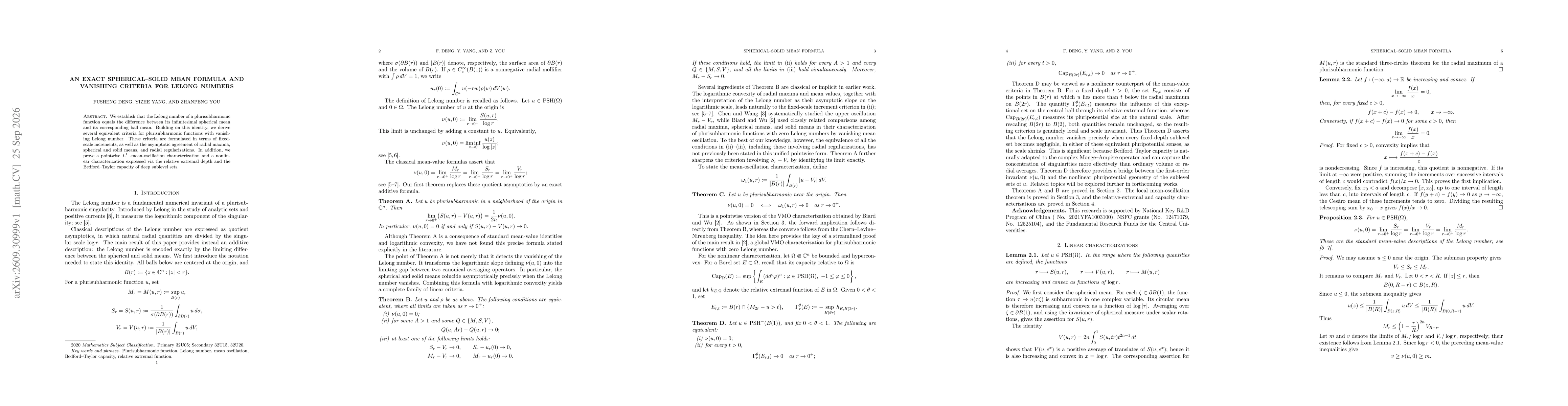 Thumbnail for An Exact Spherical-Solid Mean Formula and Vanishing Criteria for Lelong Numbers