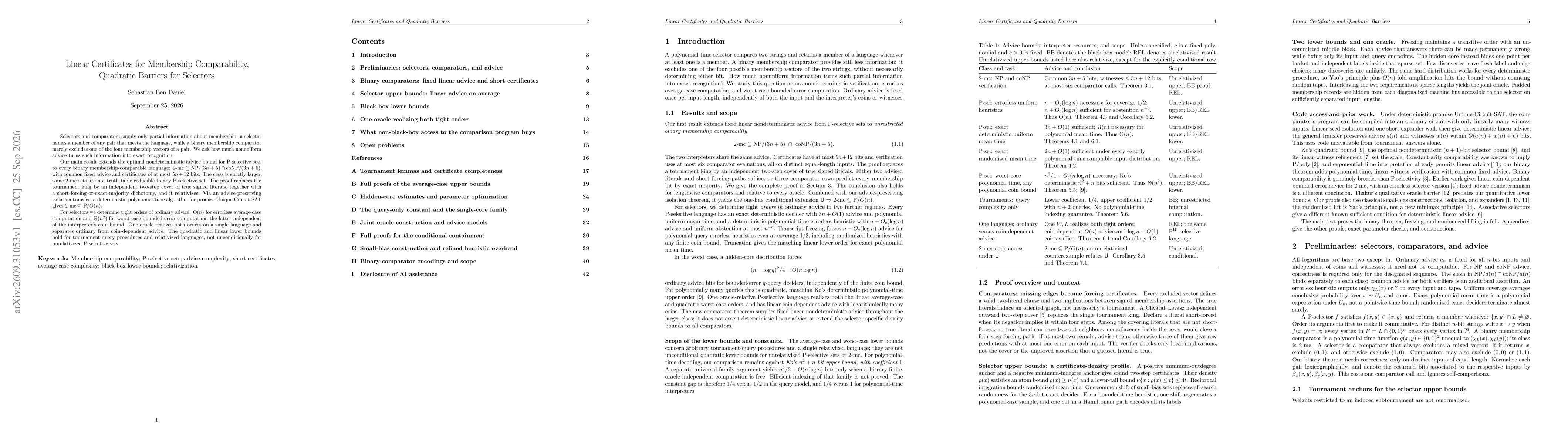 Thumbnail for Linear Certificates for Membership Comparability, Quadratic Barriers for Selectors