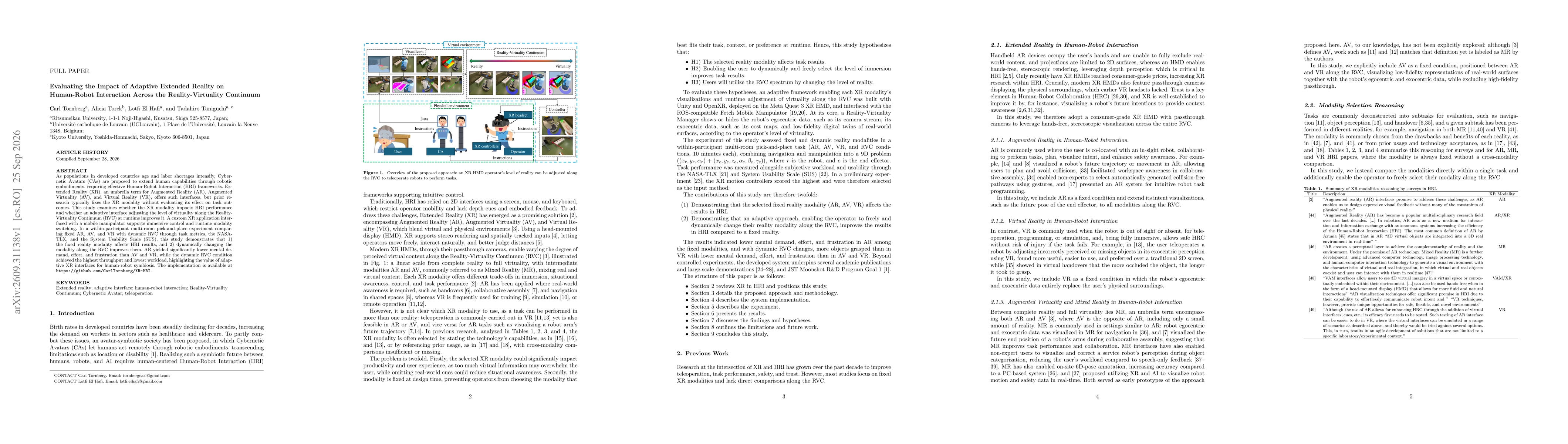 Thumbnail for Evaluating the Impact of Adaptive Extended Reality on Human-Robot Interaction Across the Reality-Virtuality Continuum