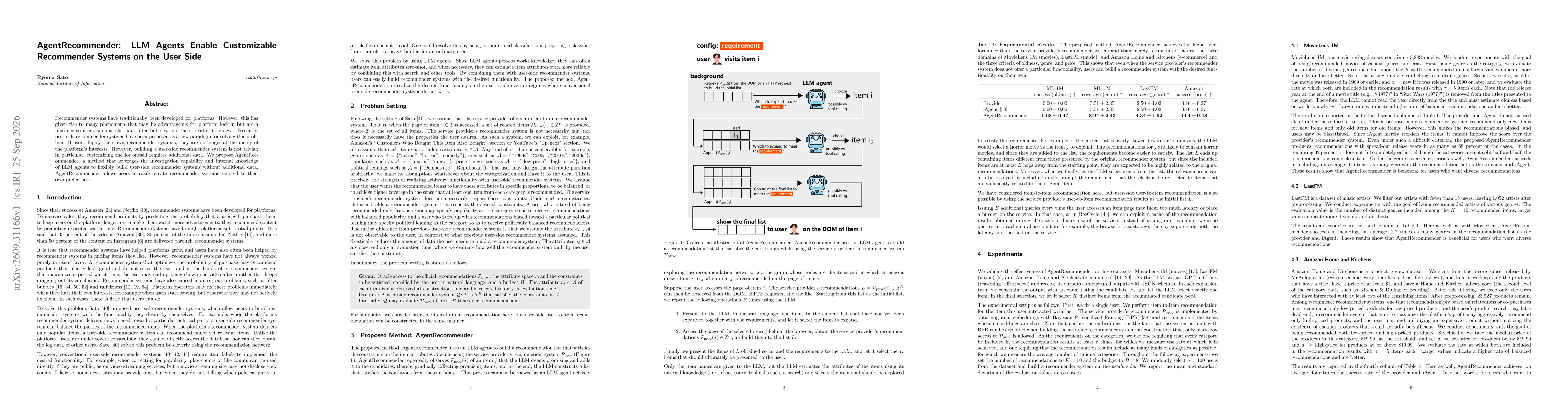 Thumbnail for AgentRecommender: LLM Agents Enable Customizable Recommender Systems on the User Side
