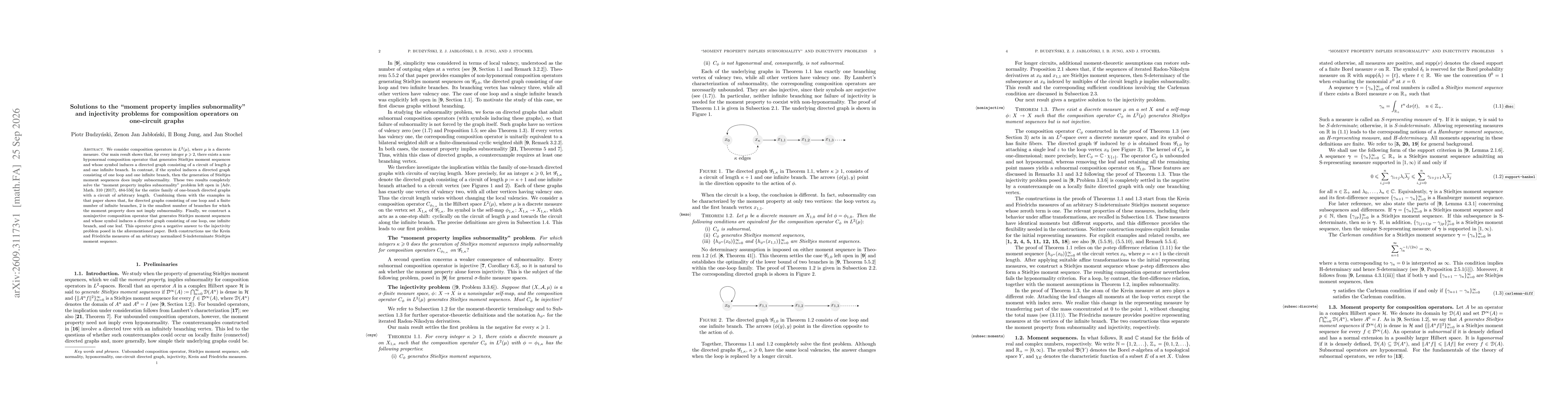 Thumbnail for Solutions to the 'moment property implies subnormality' and injectivity problems for composition operators on one-circuit graphs
