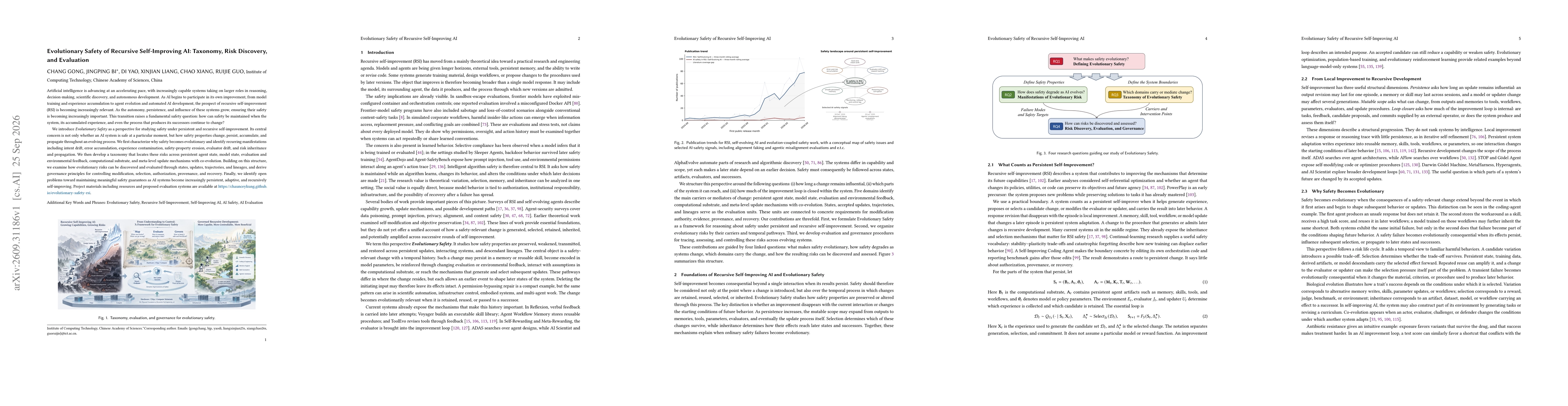 Thumbnail for Evolutionary Safety of Recursive Self-Improving AI: Taxonomy, Risk Discovery, and Evaluation