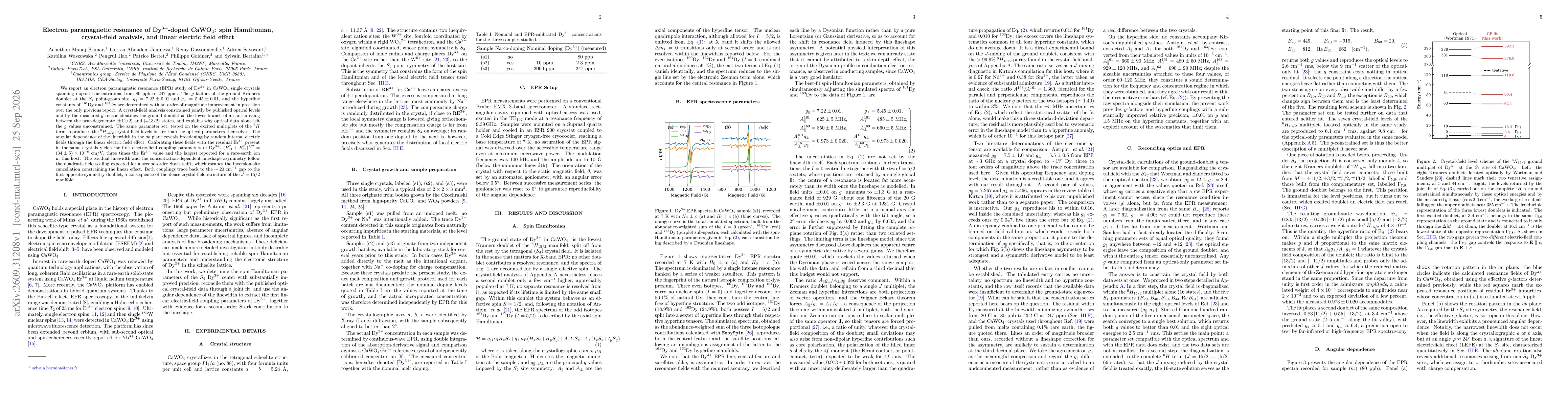 Thumbnail for Electron paramagnetic resonance of Dy${^3+}$-doped CaWO$_4$: spin Hamiltonian, crystal-field analysis, and linear electric field effect