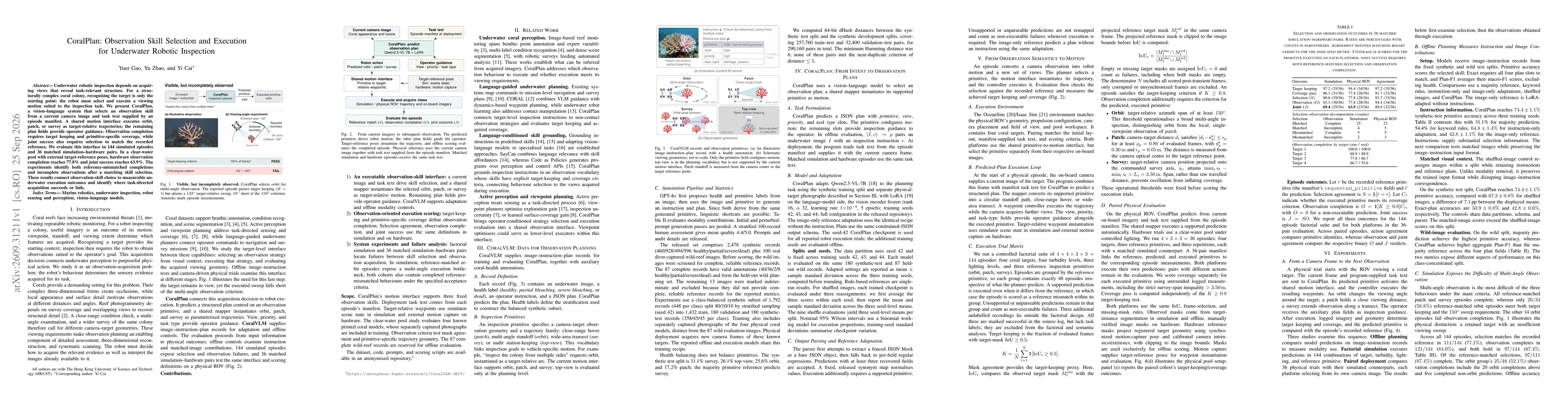 Thumbnail for CoralPlan: Observation Skill Selection and Execution for Underwater Robotic Inspection