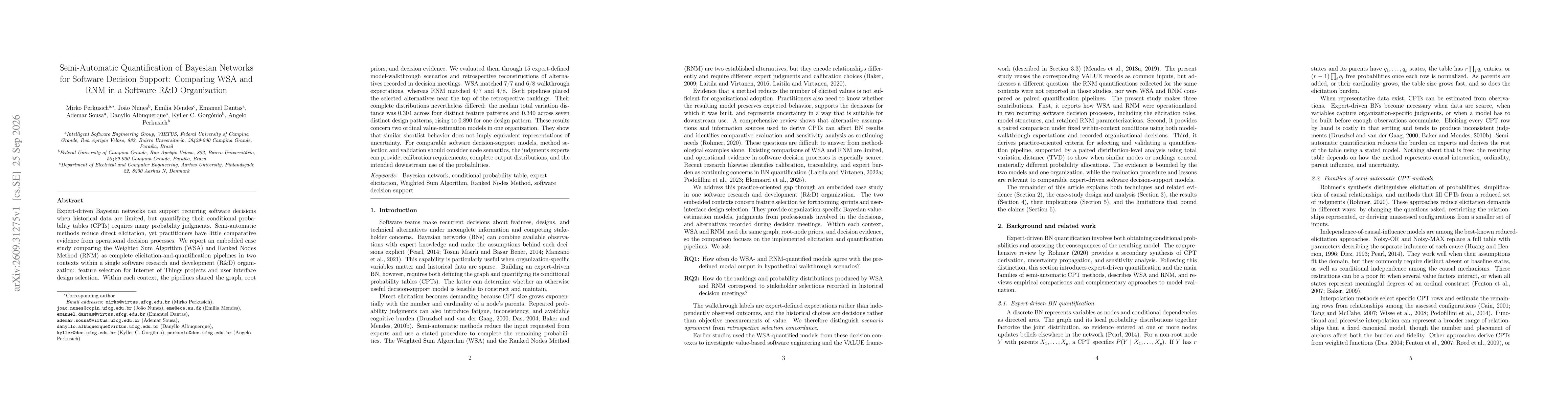 Thumbnail for Semi-Automatic Quantification of Bayesian Networks for Software Decision Support: Comparing WSA and RNM in a Software R&D Organization