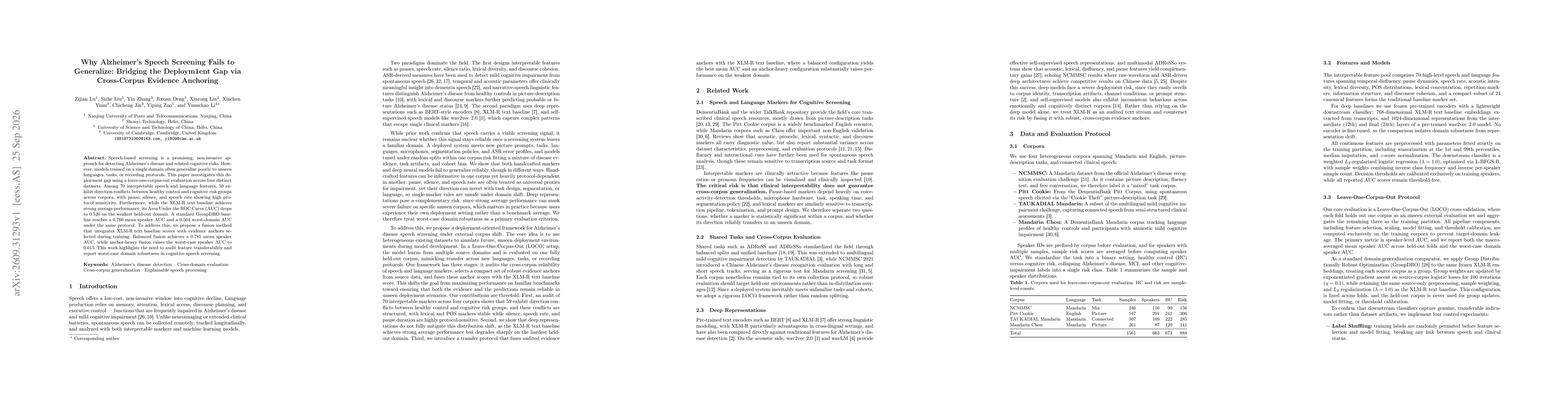 Thumbnail for Why Alzheimer's Speech Screening Fails to Generalize: Bridging the Deployment Gap via Cross-Corpus Evidence Anchoring