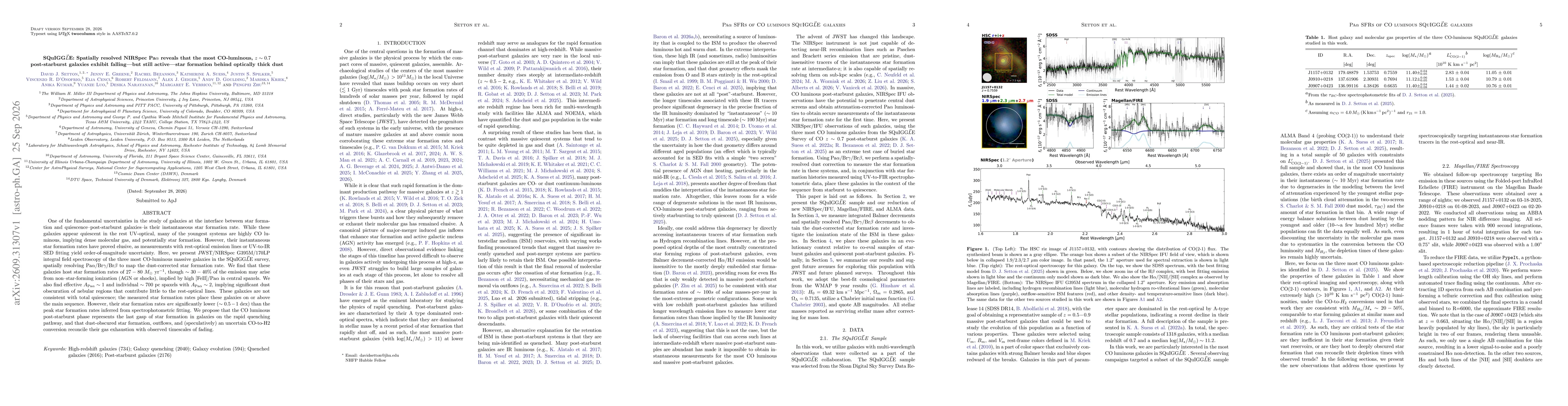 Thumbnail for SQuIGG$\vec{L}$E: Spatially resolved NIRSpec Pa$α$ reveals that the most CO-luminous, $z\sim0.7$ post-starburst galaxies exhibit falling---but still active---star formation behind optically thick dust