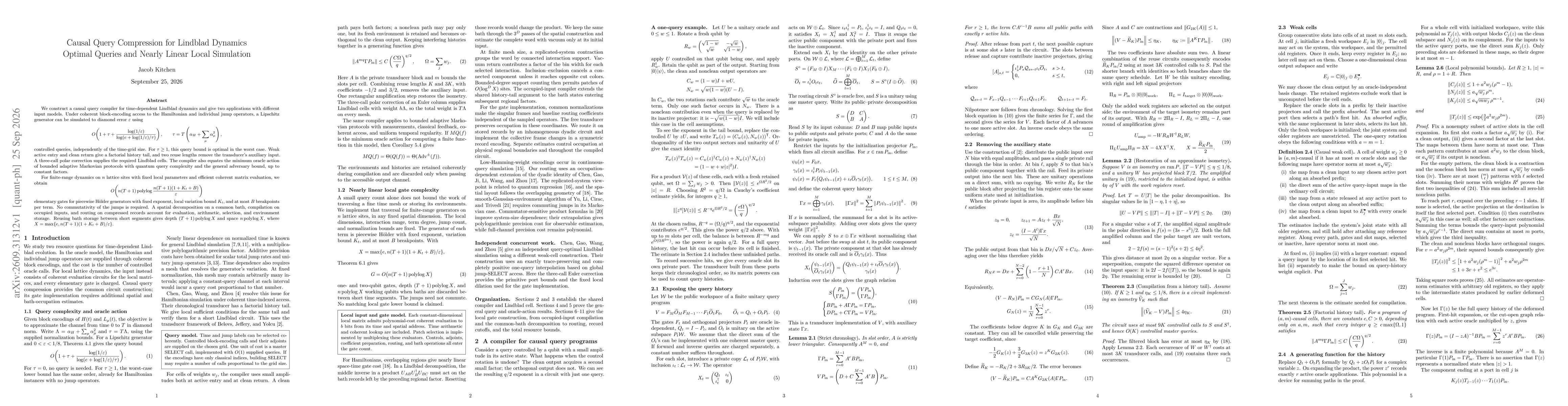 Thumbnail for Causal Query Compression for Lindblad Dynamics: Optimal Queries and Nearly Linear Local Simulation