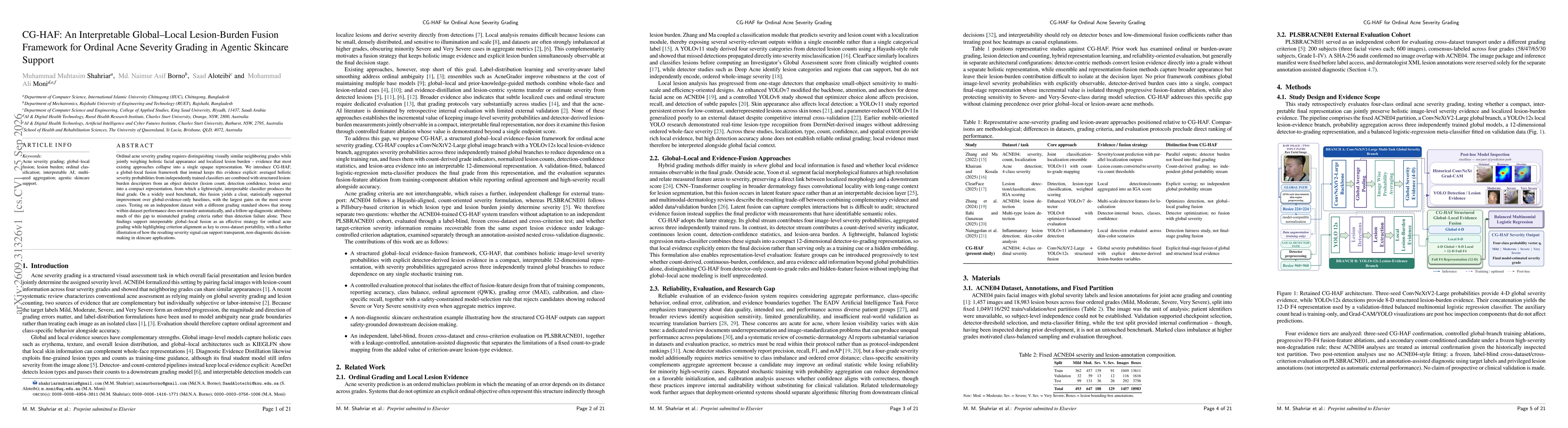 Thumbnail for CG-HAF: An Interpretable Global-Local Lesion-Burden Fusion Framework for Ordinal Acne Severity Grading in Agentic Skincare Support