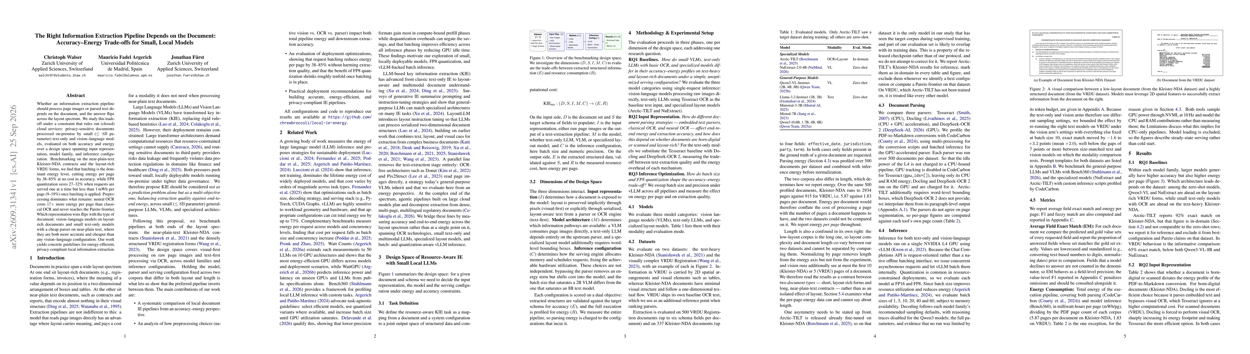 Thumbnail for The Right Information Extraction Pipeline Depends on the Document: Accuracy-Energy Trade-offs for Small, Local Models
