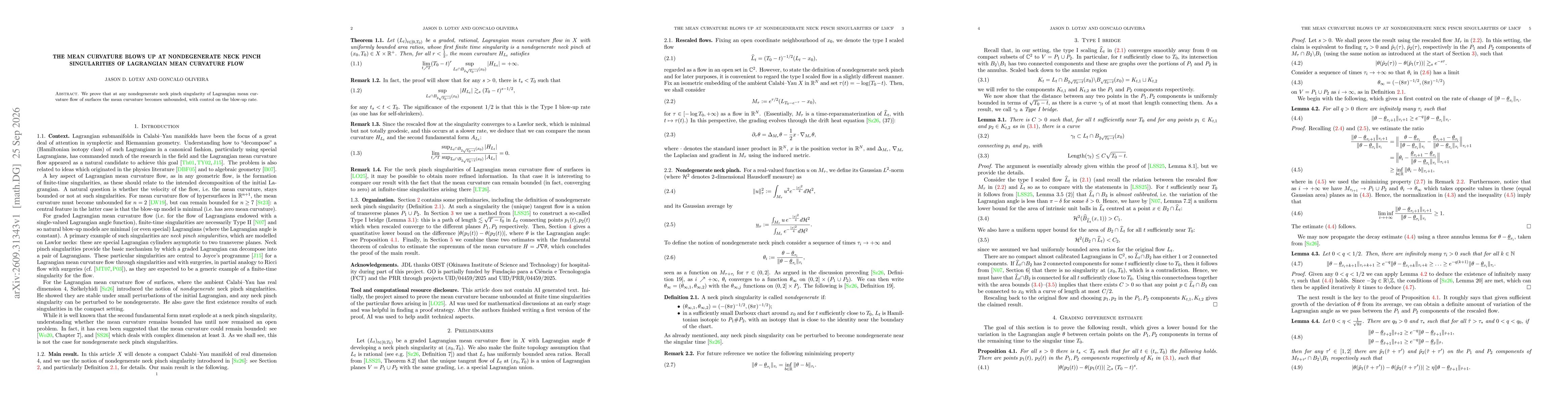Thumbnail for The mean curvature blows up at nondegenerate neck pinch singularities of Lagrangian mean curvature flow