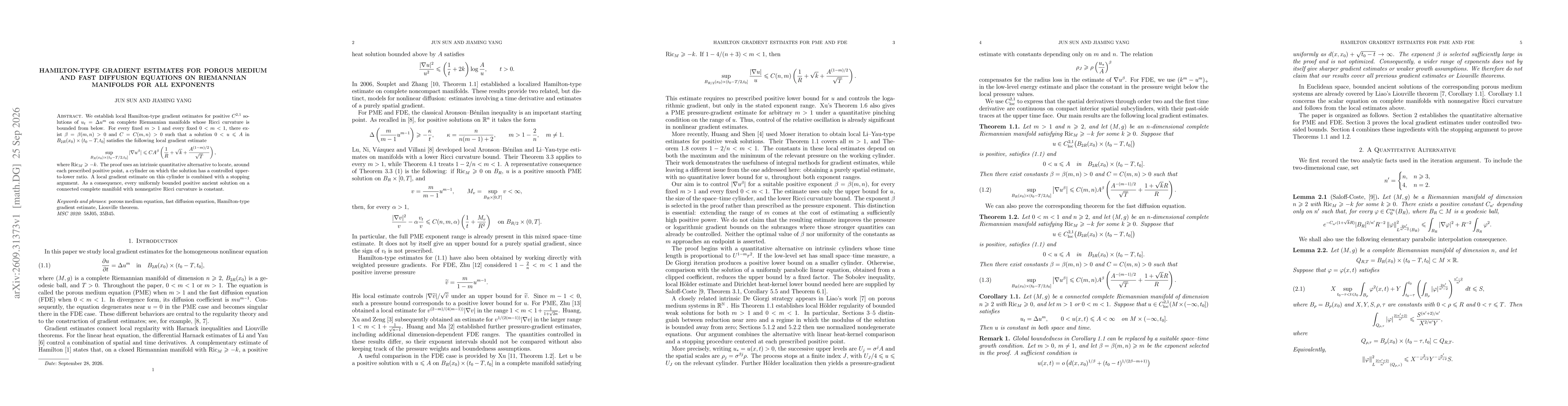 Thumbnail for Hamilton-Type Gradient Estimates for Porous Medium and Fast Diffusion Equations on Riemannian Manifolds for all exponents