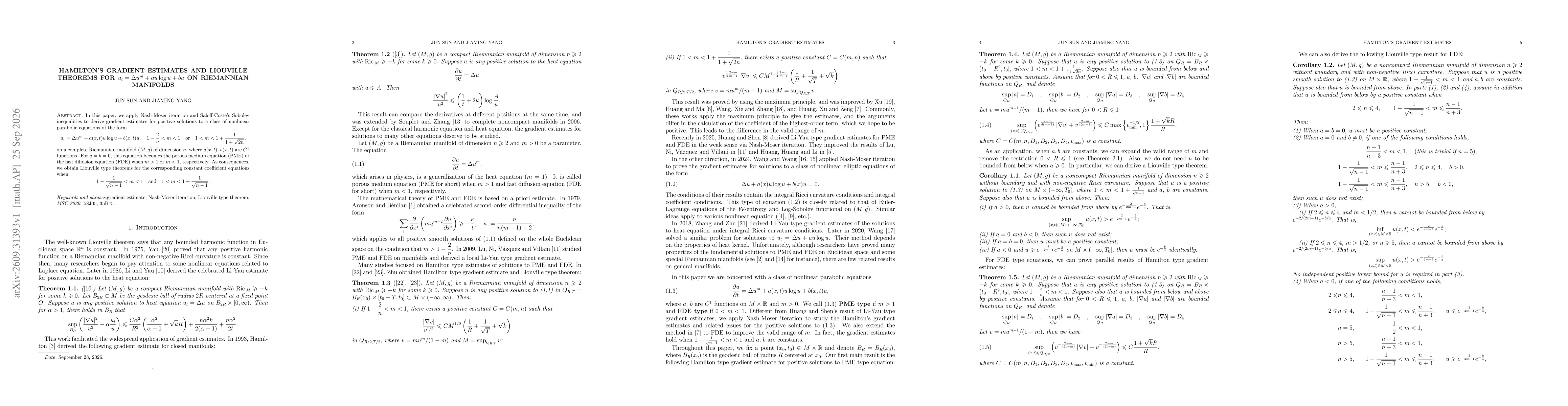 Thumbnail for Hamilton's gradient estimates and Liouville theorems for $u_{t}=Δu^{m}+au\log u+bu$ on Riemannian manifolds