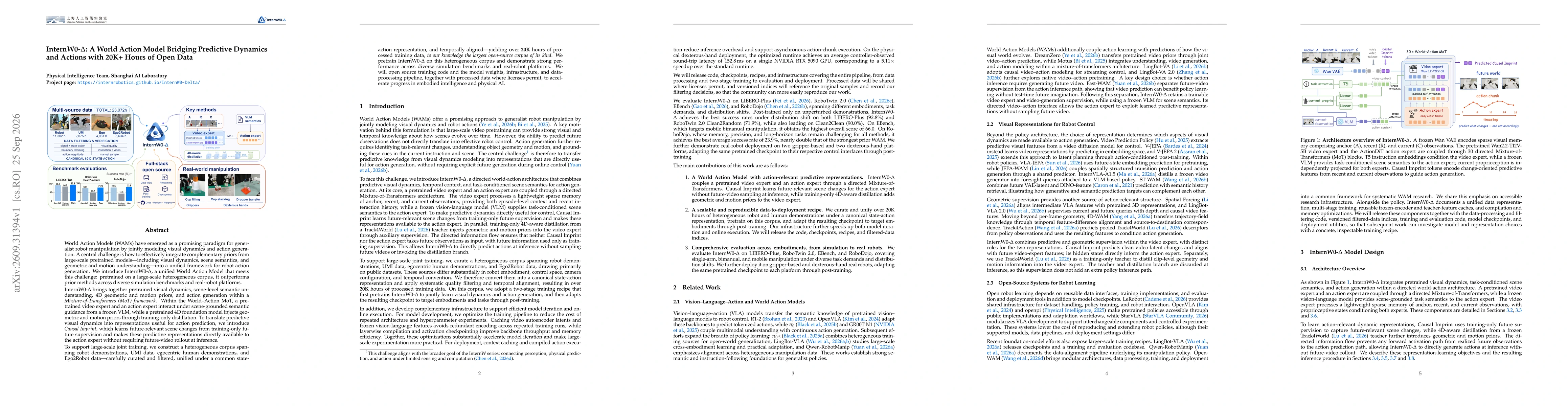 Thumbnail for InternW0-$Δ$: A World Action Model Bridging Predictive Dynamics and Actions with 20K+ Hours of Open Data