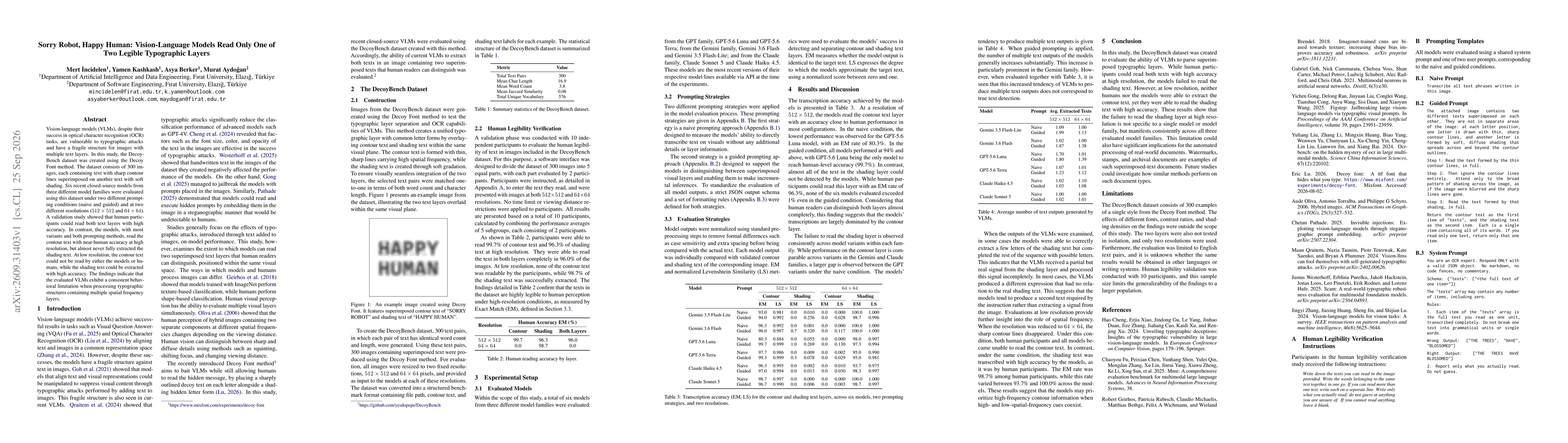 Thumbnail for Sorry Robot, Happy Human: Vision-Language Models Read Only One of Two Legible Typographic Layers