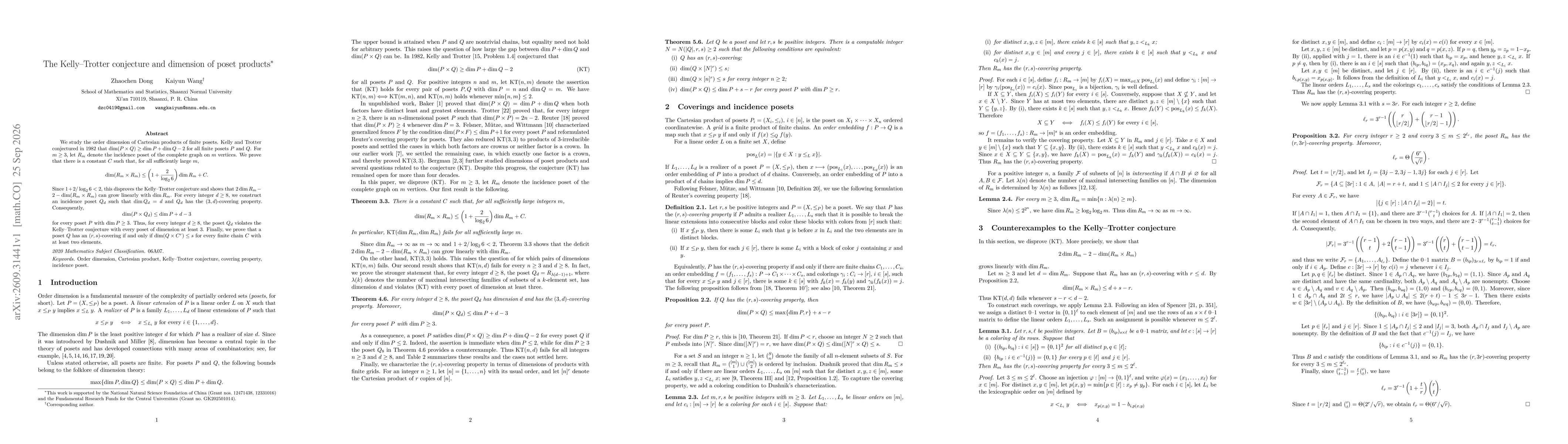Thumbnail for The Kelly--Trotter conjecture and dimension of poset products