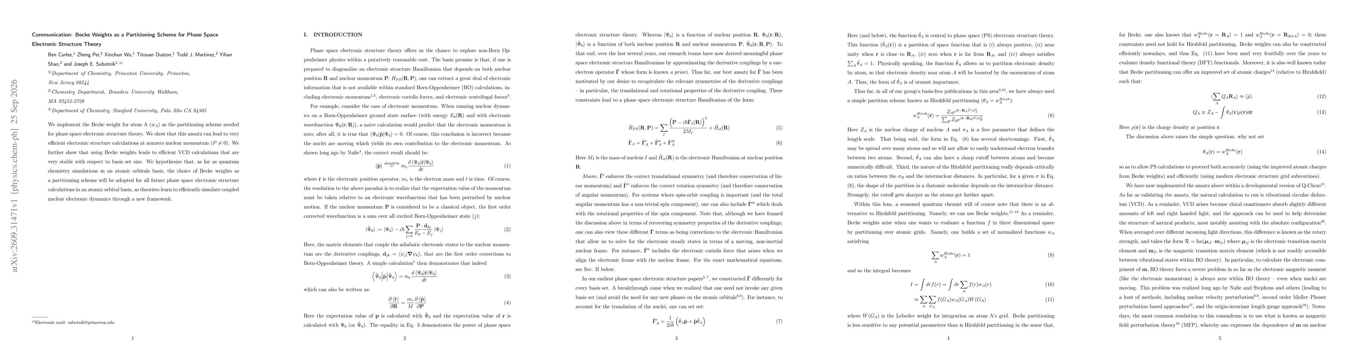 Thumbnail for Communication: Becke Weights as a Partitioning Scheme for Phase Space Electronic Structure Theory