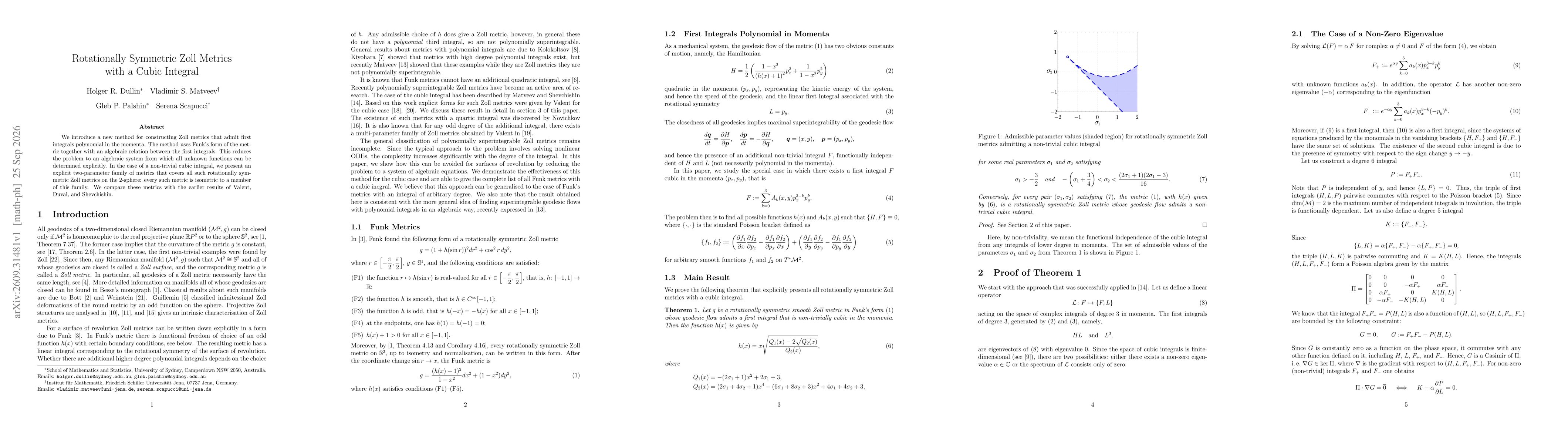 Thumbnail for Rotationally Symmetric Zoll Metrics with a Cubic Integral