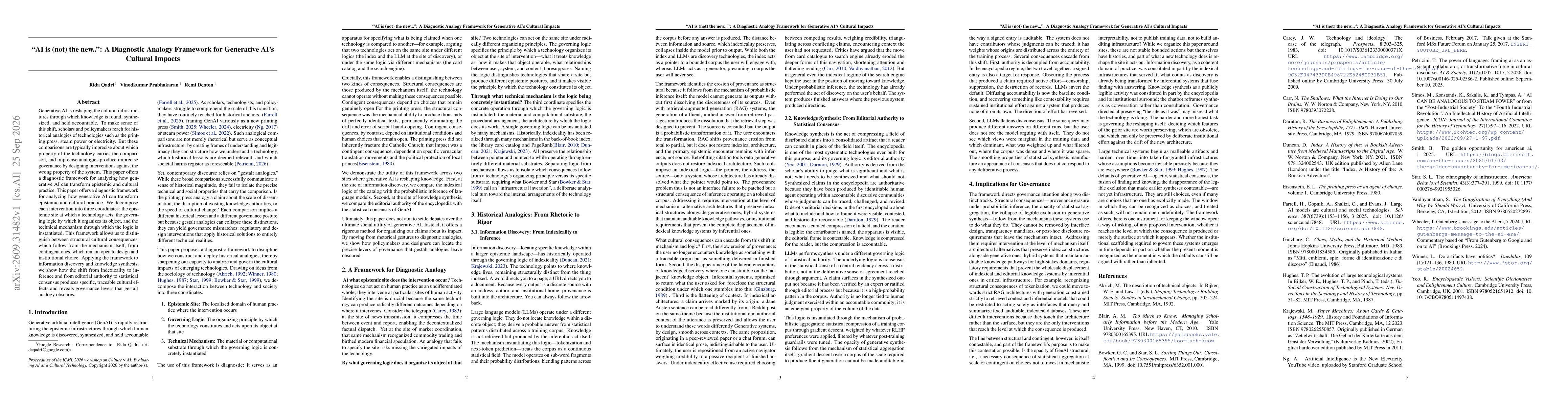 Thumbnail for "AI is (not) the new...": A Diagnostic Analogy Framework for Generative AI's Cultural Impacts