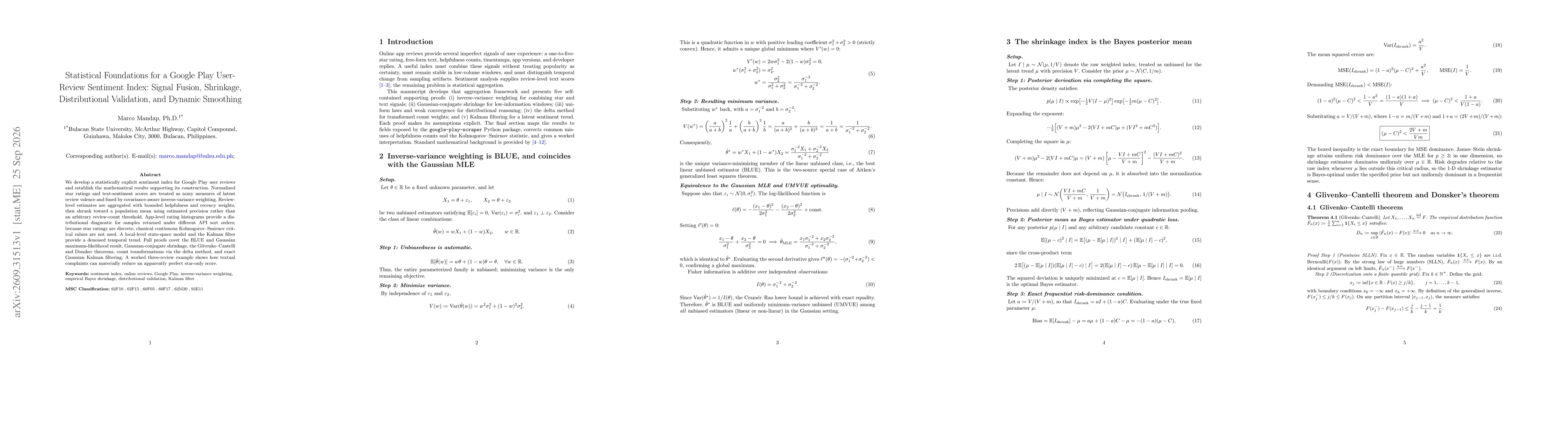 Thumbnail for Statistical Foundations for a Google Play User-Review Sentiment Index: Signal Fusion, Shrinkage, Distributional Validation, and Dynamic Smoothing