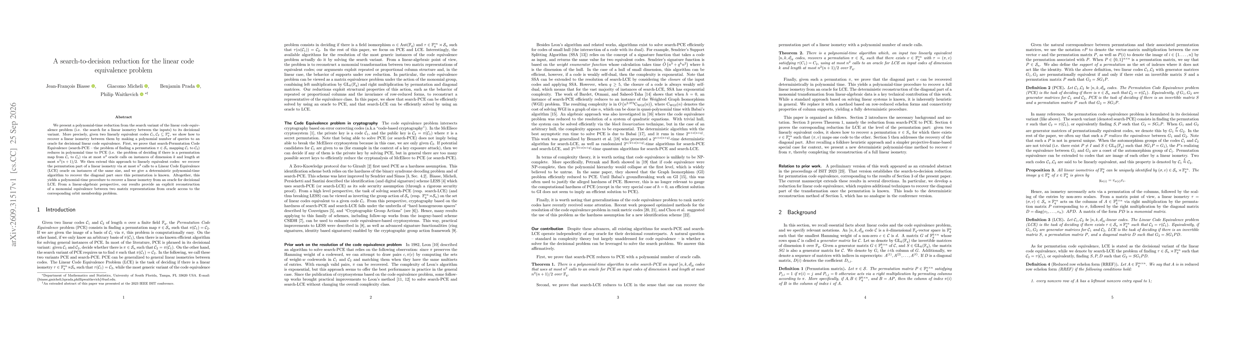 Thumbnail for A search-to-decision reduction for the linear code equivalence problem