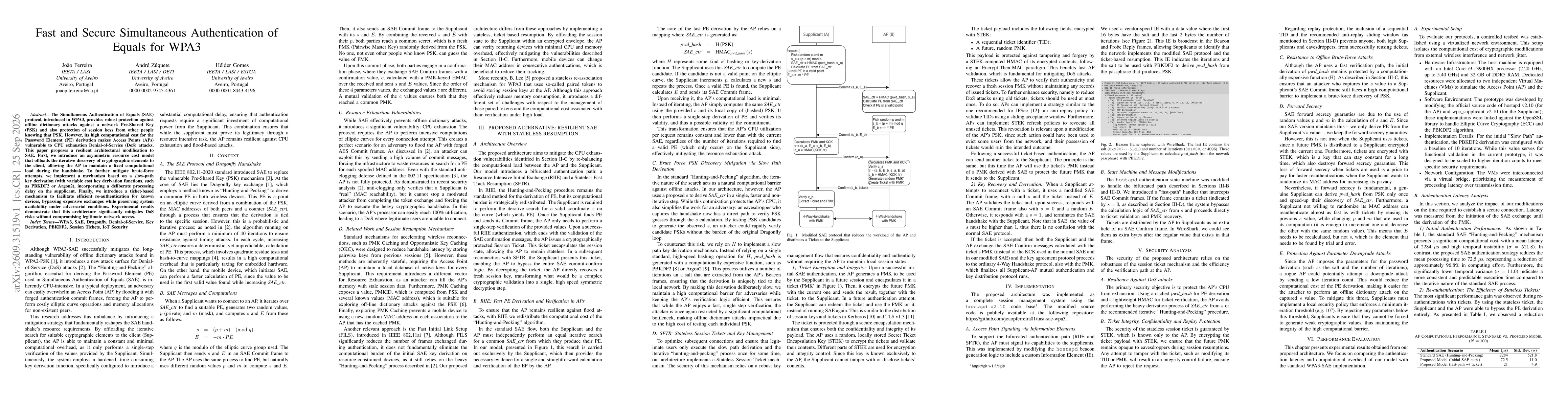 Thumbnail for Fast and Secure Simultaneous Authentication of Equals for WPA3
