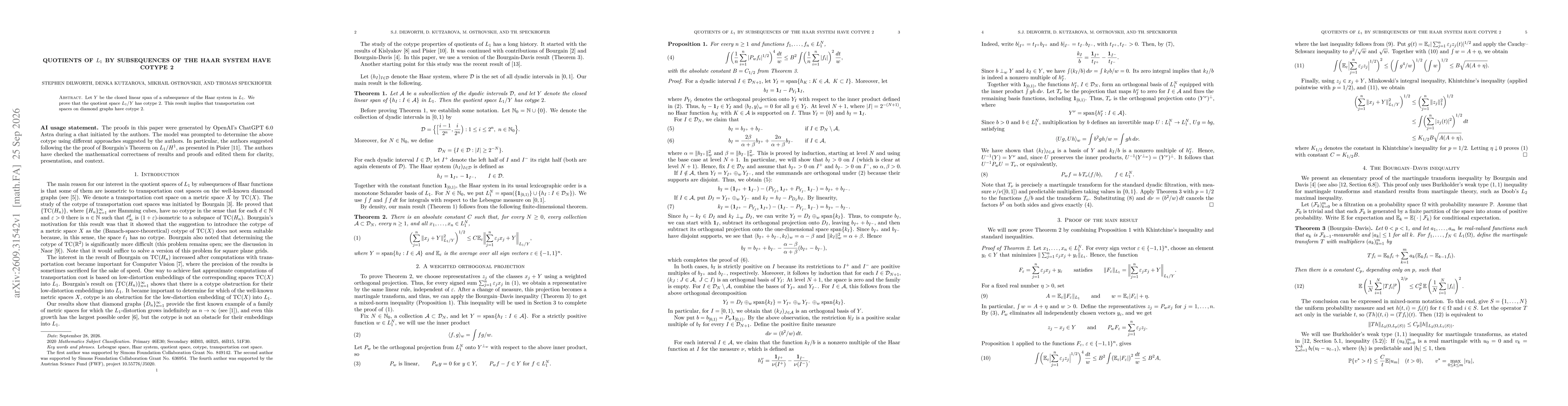 Thumbnail for Quotients of $L_1$ by subsequences of the Haar system have cotype 2