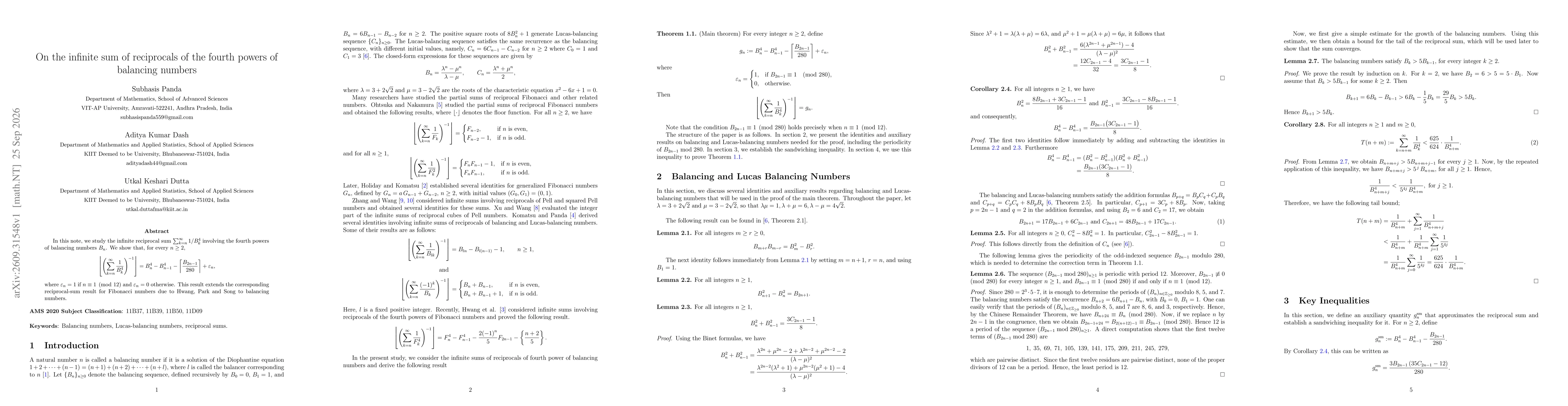 Thumbnail for On the infinite sum of reciprocals of the fourth powers of balancing numbers