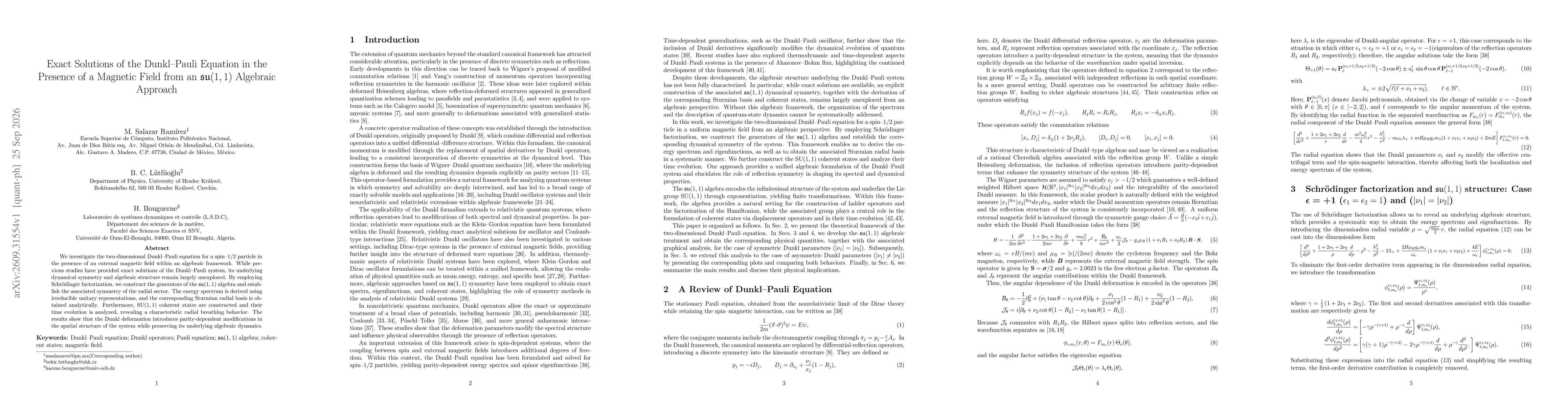 Thumbnail for Exact Solutions of the Dunkl--Pauli Equation in the Presence of a Magnetic Field from an su(1,1) Algebraic Approach