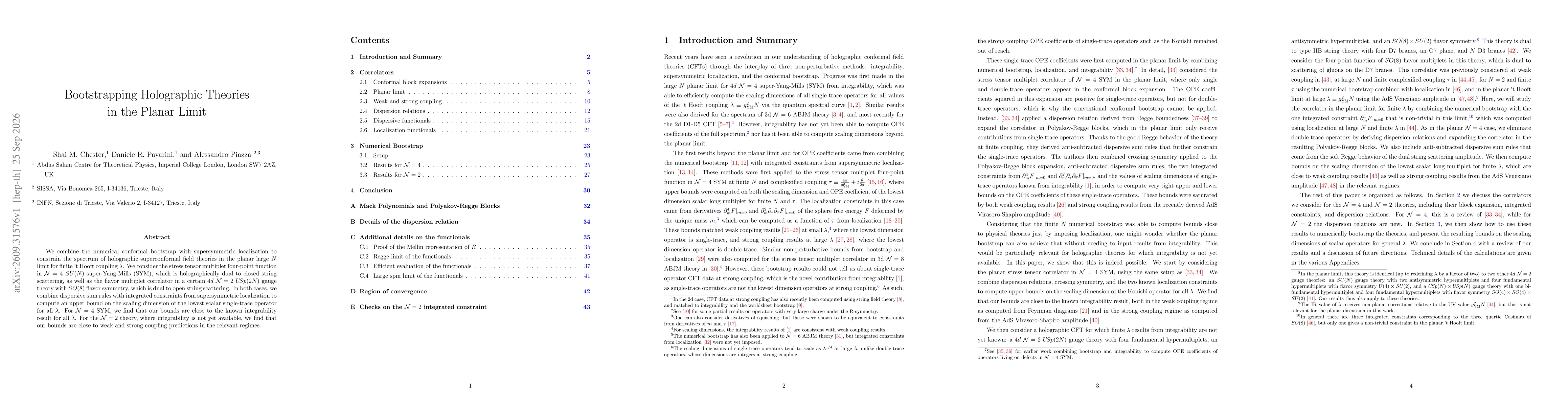 Thumbnail for Bootstrapping Holographic Theories in the Planar Limit